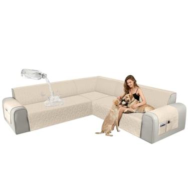 Imagem de ALIECOM Capas de sofá seccionais de canto, à prova d'água, laváveis, em forma de L, protetora, geométrica, jacquard, capa de móveis, com alça ajustável para cães de estimação (2GG, arenito)