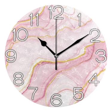 Imagem de Relógio de parede analógico decorativo sala de aula relógio de escritório operado a bateria, decoração moderna de meados do século arte abstrata rosa dourado branco, 25 cm, ponteiros pretos