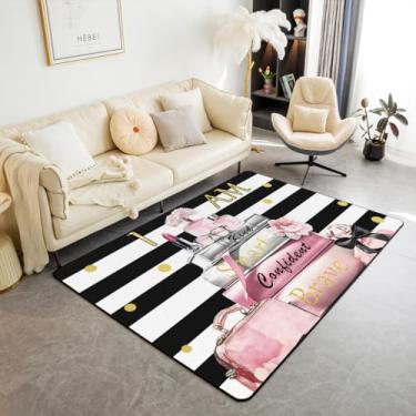 Imagem de Erosebridal Tapete de área da moda rosa 4'27.9 cm x 3'7.6 cm para meninas feminino moderno inspirador citações decorativas lavável tapete feminino abstrato preto branco listrado tapete floral perfume