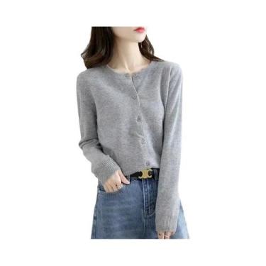 Imagem de Suéter Cardigan Feminino De Gola Redonda, Ajuste Solto, Cor Sólida, To