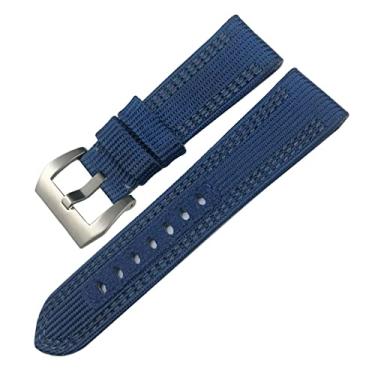 Imagem de SOMKB Pulseira de relógio de tecido de nylon 24 mm 26 mm adequada para Panerai luminária submersível PAM lona couro pulseira esportiva ferramentas de presente (cor: azul, cinza, prata, tamanho: 24 mm)