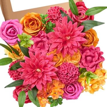 Imagem de Serwalin Flores artificiais, rosa choque e laranja falsas de seda para buquês de noiva de casamento, flores de bolo falsas para mesas centrais de mesa, decorações de chá de bebê