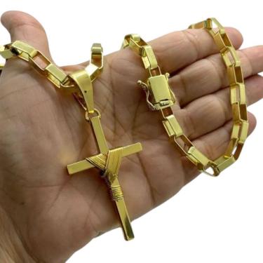 Imagem de Cordão 10Mm Tijolinho Curto + Pingente Cruz - Banhado A Ouro