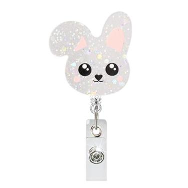 Imagem de Carretel de crachá de coelho fofo retrátil com clipe de crachá de identificação de Páscoa, porta-crachás de coelho com glitter, porta-crachás engraçados, para enfermeiras, médicos, professores
