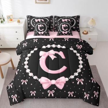 Imagem de Erosebridal Conjunto de edredom solteiro com laço rosa e preto, monograma, inicial C, 7 peças, para meninas, crianças, lençol de cima, lençol com elástico, lençol de cima, com laço fofo