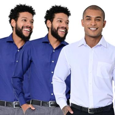 Imagem de Kit 3 Camisas Social Masculina Lisa Manga Longa Camisaria Colombo, Azu