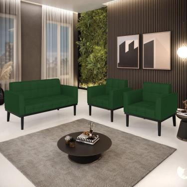 Imagem de Conjunto 2 Poltronas E 1 Namoradeira Decorativa Pés Fixo Em Madeira Preto Veludo Verde Esmeralda