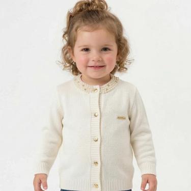 Imagem de Casaco Gola Bordada Pérolas Tricô Kids Pérola Off White