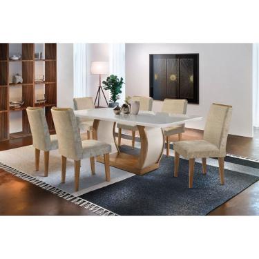Imagem de Sala de Jantar Completa Jade Tampo Madeirado c/ Vidro Canto Curvo 180x90cm e 6 Cadeiras Lunara Capuccino/Suede Capuccino - Rufato