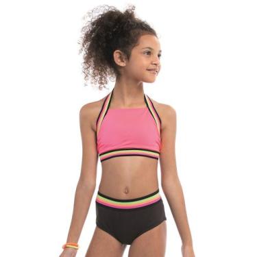 Imagem de Biquíni Infantil Frente Única Preto e Rosa com Faixas Colors - Ceci, 8