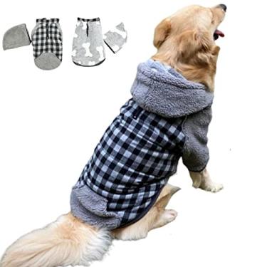 Imagem de Foern Jaqueta para cachorro com capuz, casaco jeans quente com tiras refletoras, botão de pano e zíper para coleira, roupas xadrez para cães pequenos, médios e grandes, xadrez, G: 57 cm/22,4 pol