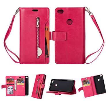 Imagem de Capa para Huawei P8 Lite 2017, capa carteira de couro PU fólio flip com bolso com zíper compartimentos para cartão fecho magnético capa protetora à prova de choque com alça de pulso para Huawei P8 Lite 2017 (rosa vermelha)