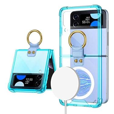 Imagem de estojo magnético de carregamento sem fio para Samsung Z Flip 4 Suporte de anel transparente Capa dura para Samsung Z Flip 3 5G, céu azul, para Samsung Z Flip 4