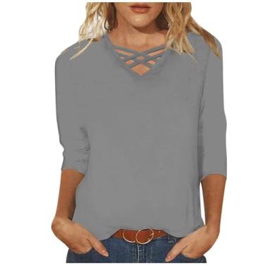 Imagem de Camiseta feminina casual de manga 3/4, gola V cruzada, básica, solta, túnica, caimento solto, pulôver, Cinza, P