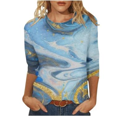 Imagem de Camiseta feminina de verão com gola redonda, caimento solto, estampada, casual, elegante, túnica, Azul-celeste, GG