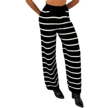 Imagem de Calça De Tricot Pantalona Modal Feminina Listrada Inverno - Aymee, Pre