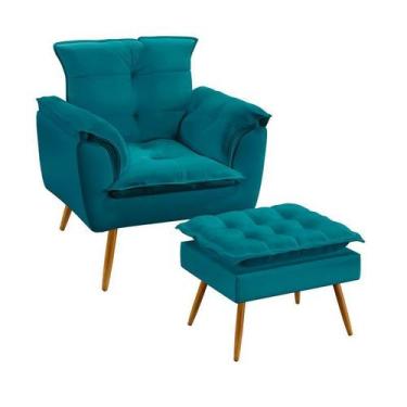 Imagem de Poltrona Para Sala de Estar Opala com Puff Lunar Sued Azul Turquesa Ar