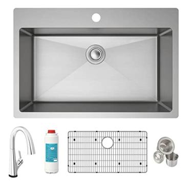 Imagem de Elkay Crosstown Kit de pia de montagem dupla de aço inoxidável calibre 18 83,8 cm x 56,8 cm x 22,8 cm, cuba única com torneira filtrada