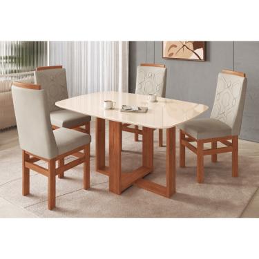 Imagem de Conjunto Sala de Jantar Mesa com Tampo de Vidro 120cm e 4 Cadeiras em Madeira Maciça 185/26 Zamarchi - Canela/Off/Tec Joli Palha