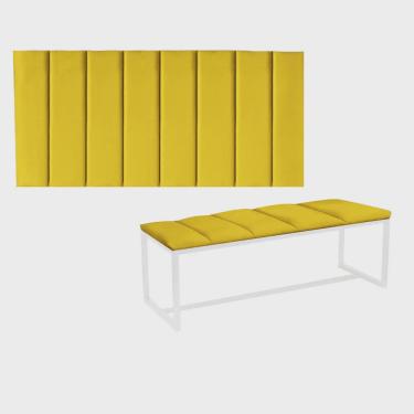 Imagem de Kit Painel Carla e Calçadeira Industrial 90cm Solteiro Box Ferro Branco Suede Amarelo - Ahz Móveis