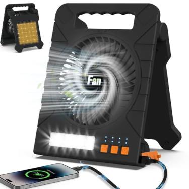 Imagem de HuiNiu Ventilador de acampamento movido a energia solar – Ventilador recarregável com lanterna LED, carregamento USB-C, 4 configurações de temporizador e ventiladores de barraca operados por bateria