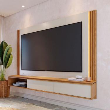 Imagem de Painel para TV Até 75 Polegadas Açores 2 Portas Ripado com Led Off White Matte/Freijó - Pnr Móveis