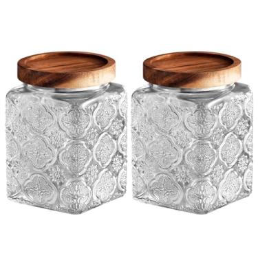Imagem de Jueison Pote De Vidro Com Tampa, Potes Armazenamento Vintage, Tampa Hermética, Recipiente Para Café, Açúcar Balcão Cozinha, Despensa, Farinha, Doces, Chá, Feijão, Aveia (Quadrado Begônias*2)
