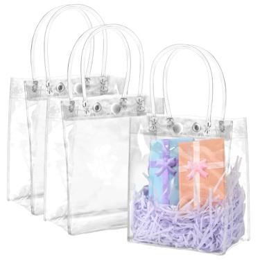 Imagem de BadenBach Pacote com 21 sacos de presente transparentes com alças, 12 x 15 x 7 cm sacos de plástico transparente para lembrancinhas de festa, mini sacola reutilizável de PVC para aniversário