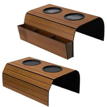 Imagem de Kit 2 esteiras para braço de sofá com porta copos e porta controle remoto MDF (1 esteira simples, 1 esteira porta controle)