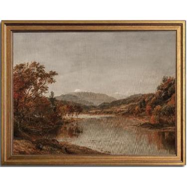 Imagem de KBKBART Arte de parede vintage emoldurada para decoração de sala de estar e quarto, pintura a óleo de paisagem de outono em aquarela retrô, arte de parede em tela rústica para decoração de casa de