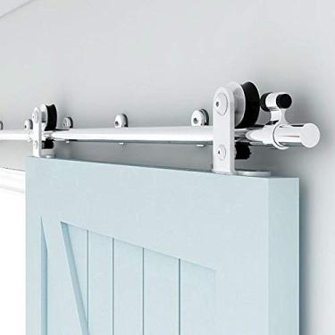 Imagem de TSMST Kit de ferragens para porta de celeiro deslizante de 2,4 m, suporte superior, aço inoxidável, resistente para porta de celeiro para porta de madeira única, deslize suavemente silenciosamente (estilo T)
