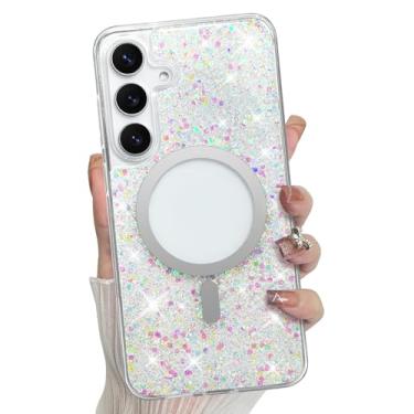 Imagem de Bonoma Capa para Samsung Galaxy S25 Plus, parte traseira brilhante com glitter, suporte magnético para capa à prova de choque MagSafe, proteção de alta qualidade transparente para capa de telefone