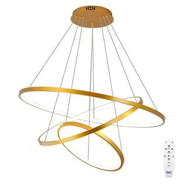 Imagem de Lustre Led Moderno 3 Arcos Anéis Pendente 89w Controle Bivolt Sala Qua