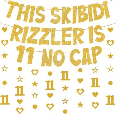 Imagem de Decorações de banner de aniversário Skibidi Rizzler (ouro, 11 anos)