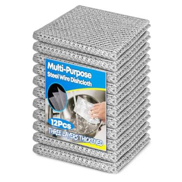 Imagem de Pano de lavar louça multiuso de 12 peças, pano de prato de fio sem arranhões de 20 x 20 cm, pano de lavar louça de fio de lã de aço de 3 camadas, pano de limpeza de fio reutilizável para panelas, pias