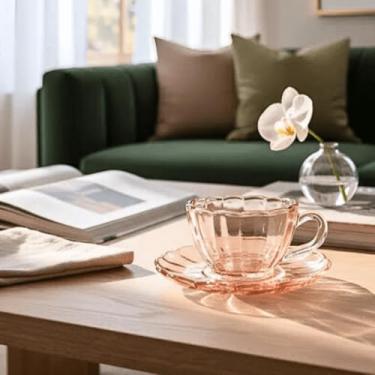 Imagem de Xicaras de Cha e Cafe Vidro Canelado Verde Rosa Peach (Xicara de Café Rosa)