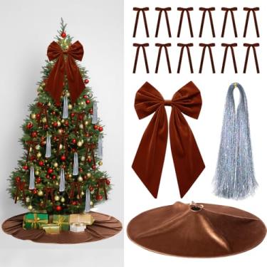Imagem de Gejoy Conjunto de enfeites de Natal – 12 laços de veludo marrom, 1 saia de árvore de Natal, 1 arco grande de topo de árvore, 5000 fios de gelo de tinsel prata para árvores de Natal, grinaldas de