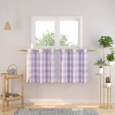 Imagem de NATUS WEAVER Cortinas Tier 61.0 cm Long Buffalo Check Gingham Plaid Kitchen Window Curtain Panels Small Short Bathroom Grommet Top Window Treatment 2 Painéis Lilás e Branco