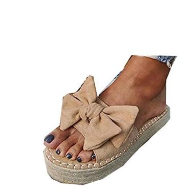 Imagem de Bigfanshu Pantufas femininas com laço, para praia, com plataforma de festa, peep toe, Marrom, 36 BR G