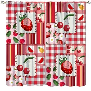 Imagem de DKMQQUL Cortinas de retalhos de frutas, xadrez de búfalo vermelho, morango, cereja, melancia, frutas, tema drapeado para cozinha, sala de estar, quarto, janela, tratamento, 106 x 113 cm