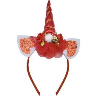 Imagem de OIUUBBII Tiara feminina de unicórnio de Natal, chifre vermelho brilhante com glitter e design de flor para festa de aniversário, festival, rave, cosplay
