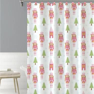 Imagem de Indecor Home Cortina de chuveiro impressa de microfibra de Natal com ganchos decorativos de resina combinando, decoração de banheiro de Natal com Papai Noel, boneco de neve, quebra-nozes e designs