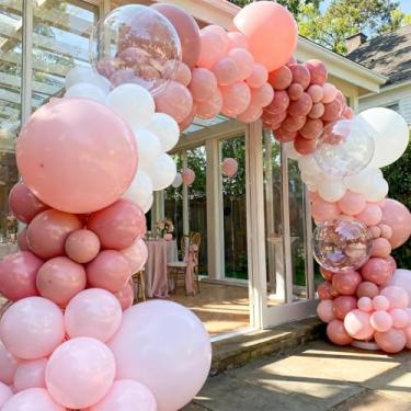Imagem de Kit de arco de balão rosa, 108 peças, kit de guirlanda de arco de balão rosa claro e branco, inclui balões transparentes retrô macaron rosa branco para aniversário, casamento, chá de bebê, revelação