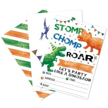 Imagem de Cartões de convites de festa de dinossauro em aquarela – 20 conjuntos de convites de enchimento com envelopes, artigos de festa para meninos, convites de aniversário, cartões T-Rex ecológicos impressos nos dois lados