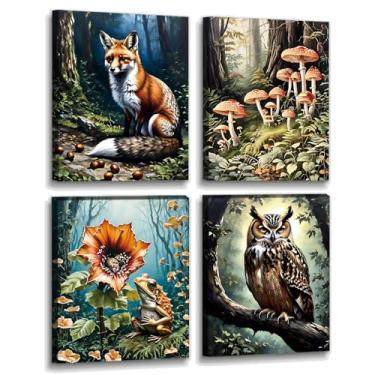 Imagem de Conjunto de arte de parede Fantasy Woodland com 4, pôsteres de floresta mágica, estampa de animais de coruja, estampa de flores de piranha de cogumelo, imagens de plantas de animais Dark Academia para