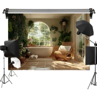 Imagem de Pano de fundo de poliéster de banheiro tropical para fotografia, cena de spa iluminada pelo sol com banheira, plantas verdes e cadeira de vime, decoração temática de selva relaxante inspirada na