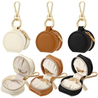 Imagem de Nosiny Pacote com 6 mini porta-joias porta-chaves caixa de brinco portátil caixa de brincos viagem esportes organizador de armazenamento presentes mulheres (branco, preto, marrom, redondo)