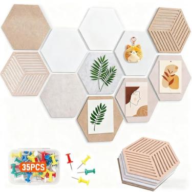 Imagem de Azulejos hexagonais de cortiça pacote com 10 - quadros de avisos de cortiça autoadesivos de 30,5 x 25,4 cm para decoração de parede de escritório com 35 pinos coloridos, quadro decorativo para casa e