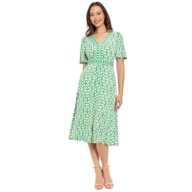 Imagem de London Times Vestido midi feminino com decote em V e manga curta flare - Vestidos de convidados de casamento, Lago verde/marfim, P