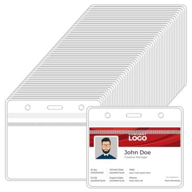 Imagem de Pacote com 50 porta-crachás horizontais de identidade, porta-crachás de 9,6 × 6,8 cm com zíper resselável, protetor de cartão de plástico PVC transparente à prova d'água para escritório, escola